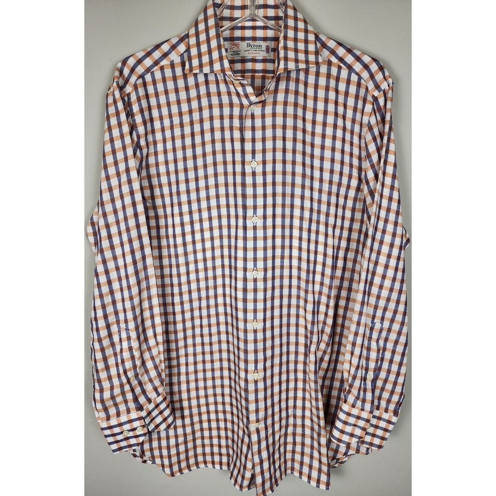 Byron British Style Men Large Blue Orange Check Tailored Fit Dress Shirt Luxury‎